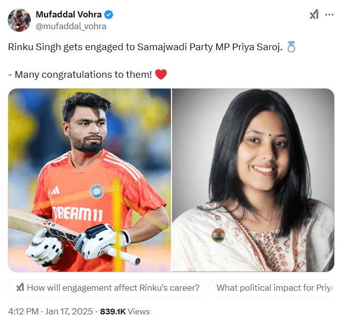 रिंकू सिंह और सपा सांसद प्रिया सरोज की सगाई की फर्जी खबर सोशल मीडिया पर वायरल